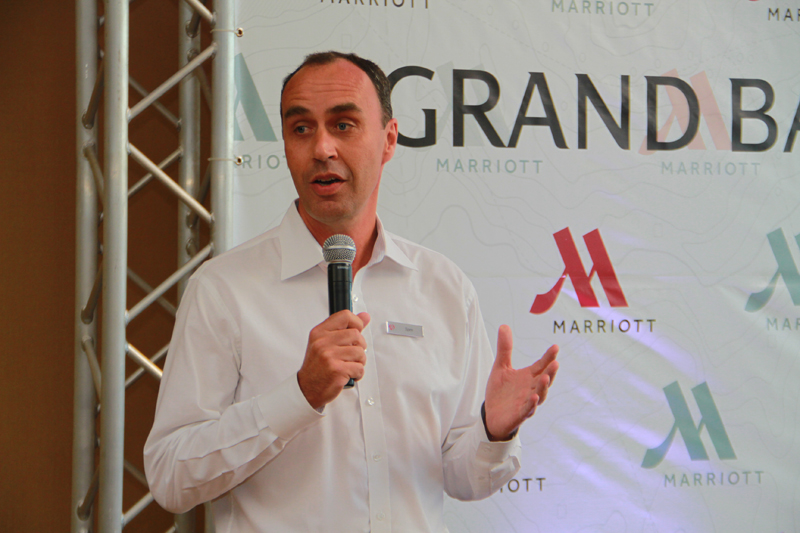 GM Tom Calame thanks local clients for their presence at the relaunch of the Grand Ballroom .JPG