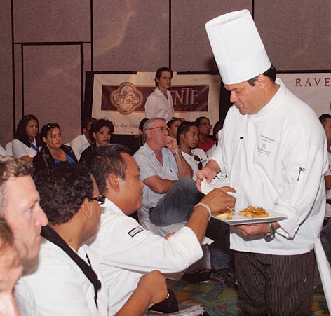 sampling braised pork, tangy sweet on toast points.jpg